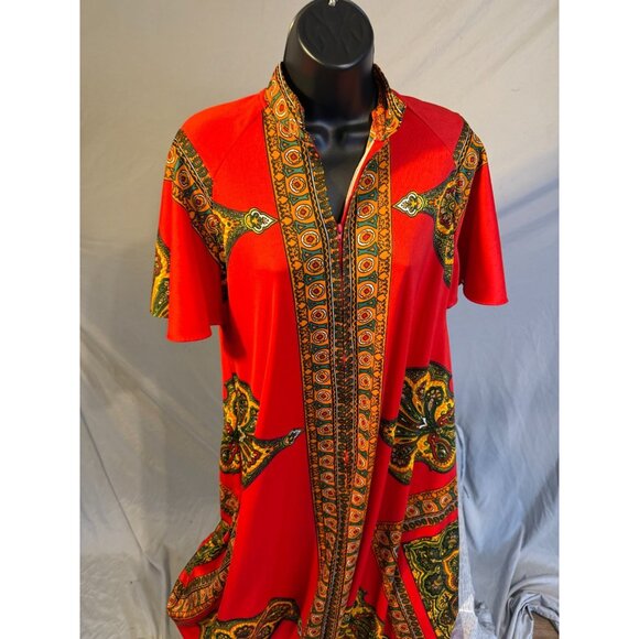 Sears Vintage Kaftan Housedress Muumuu Womens Size Large Red Beautiful Pattern - Picture 2 of 4
